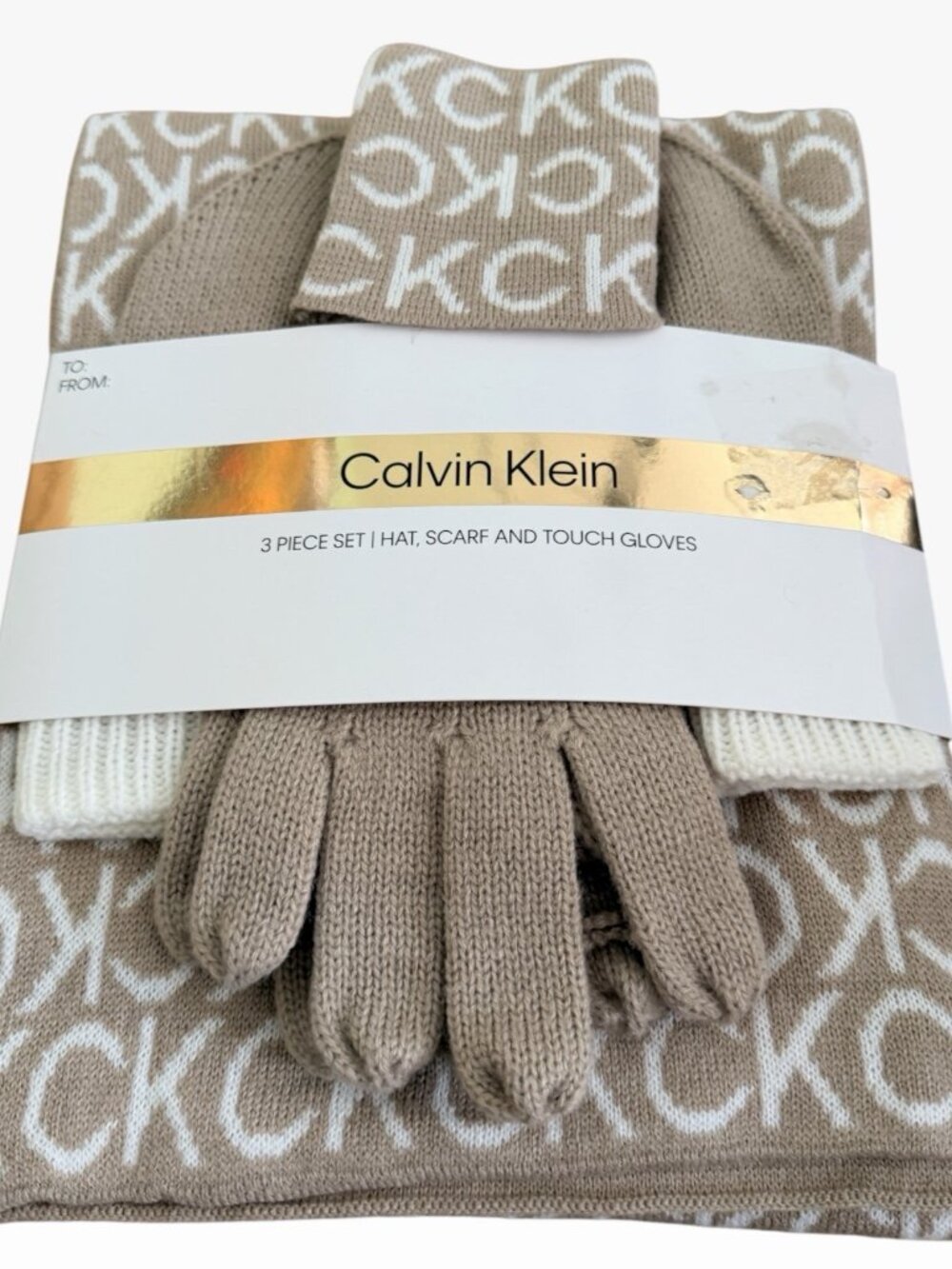 Calvin Klein 3 Pc Set Hat, Scarft & Touch Gloves One Size Tan/Brown